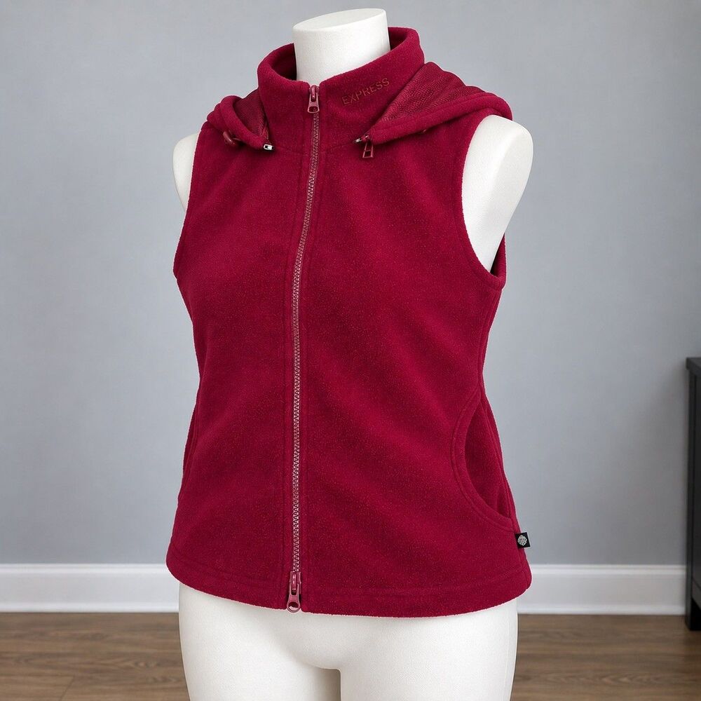 Vintage Y2K Express World Brand Fleece Vest Womens S Hooded Red 90’s Gorpcore - Picture 5 of 16